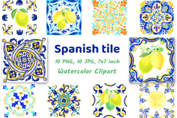 Spanish Ceramic Lemon Clipart: Elevate Your Designs with Authentic Watercolor Tile Art
